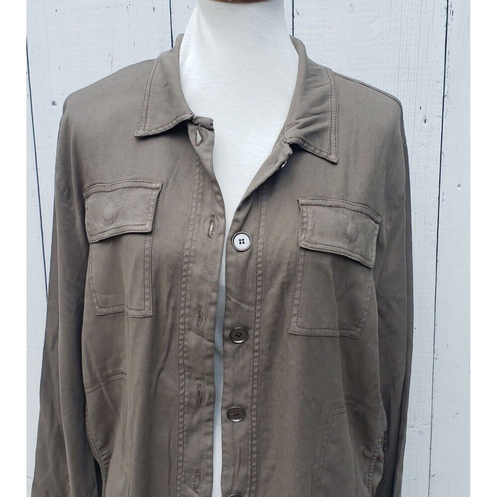 XCVI Women Army Green Long Sleeve Collared Button Up Eyelet Jacket Sz L - Picture 3 of 11